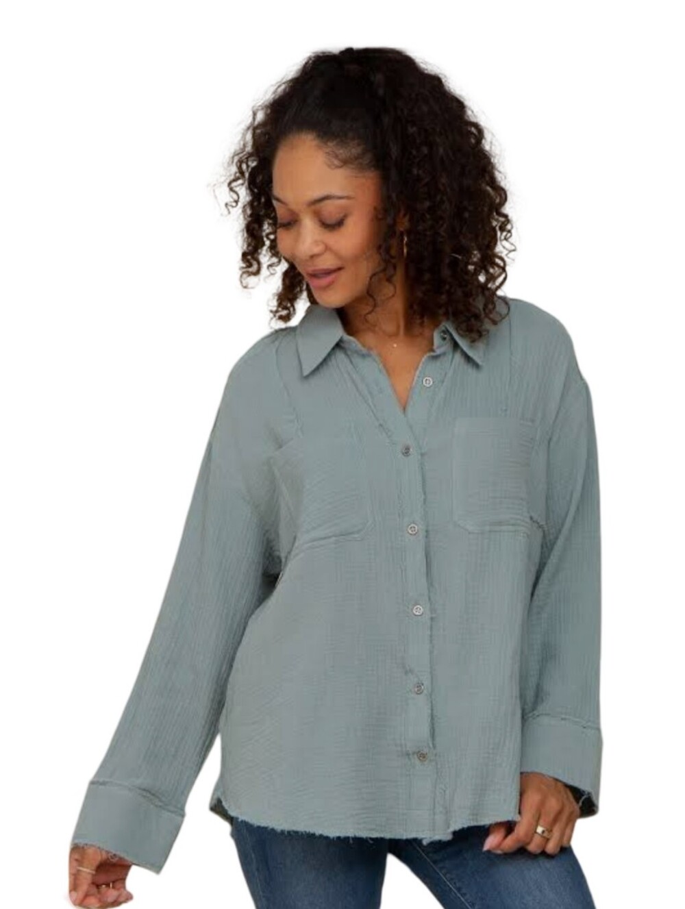 Relaxed Textured Button-Front Long Sleeve in Sage Blue Frayed Hem